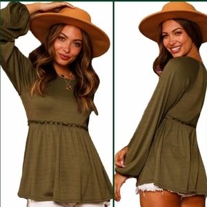 Olive Green Babydoll Ribbed Knit Top